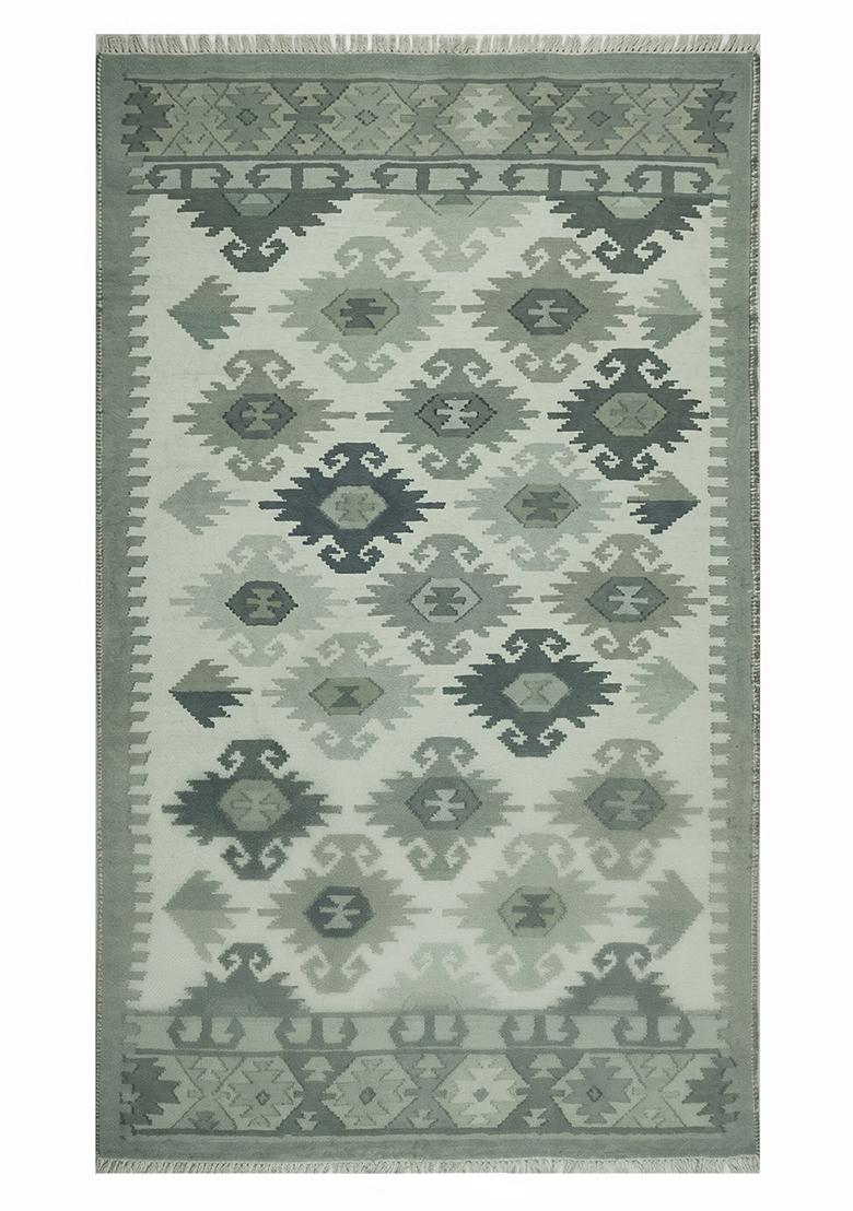 Saffron Rugs Flat Woven Sage Green Geometric Bohemian Rectangular Wool Area Rug - Indya