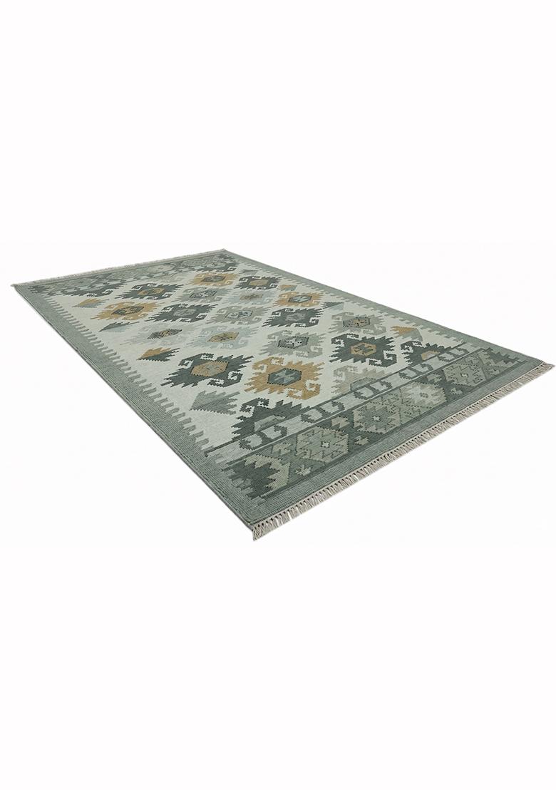 Saffron Rugs Flat Woven Sage Green Geometric Bohemian Rectangular Wool Area Rug - Indya
