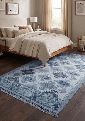 Saffron Rugs Flat Woven Light Blue Geometric Bohemian Rectangular Wool Area Rug