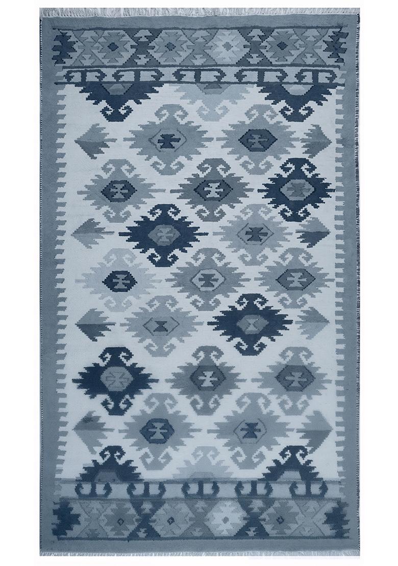 Saffron Rugs Flat Woven Light Blue Geometric Bohemian Rectangular Wool Area Rug - Indya