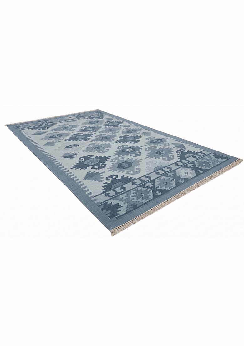 Saffron Rugs Flat Woven Light Blue Geometric Bohemian Rectangular Wool Area Rug - Indya