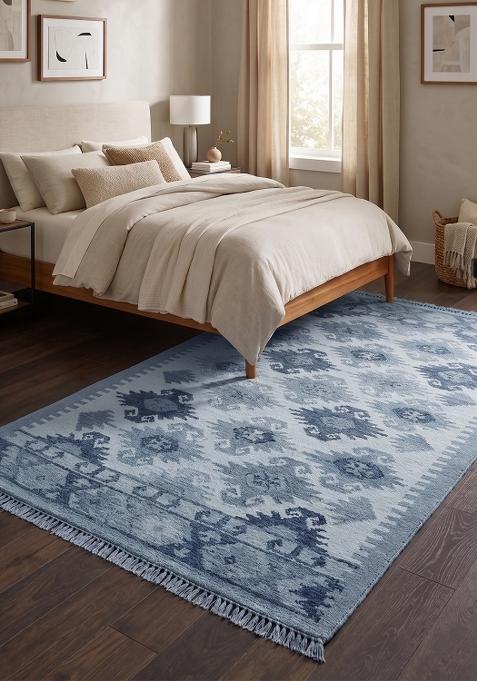 Saffron Rugs Flat Woven Light Blue Geometric Bohemian Rectangular Wool Area Rug