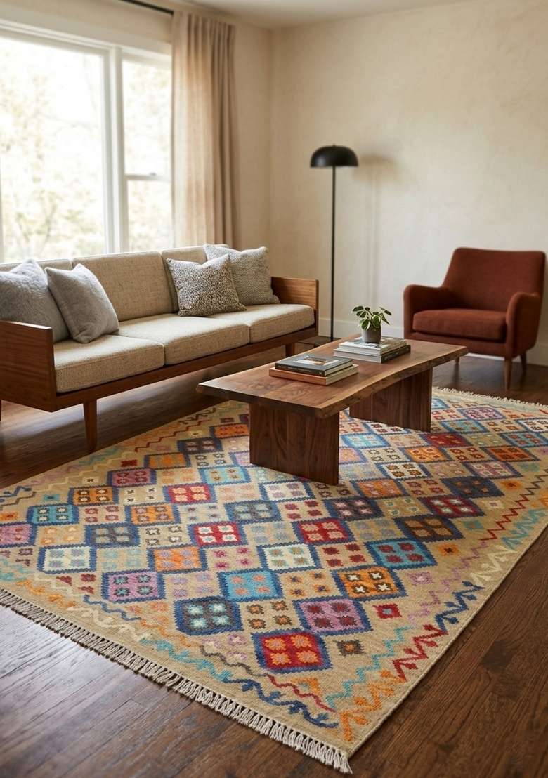 Saffron Rugs Handmade Wool Dhurrie Flat Weave Rectangular Rug – Multicolor Bohemian Geometric Kilim Style Carpet for Living Room - Indya