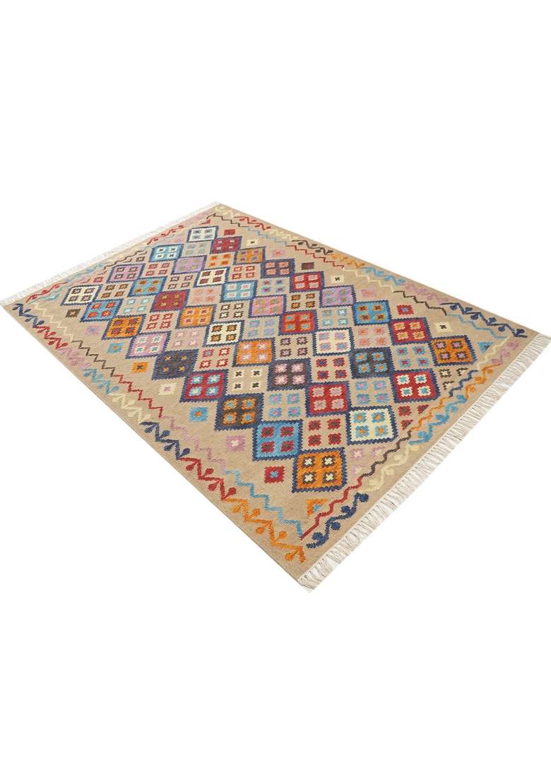 Saffron Rugs Handmade Wool Dhurrie Flat Weave Rectangular Rug – Multicolor Bohemian Geometric Kilim Style Carpet for Living Room - Indya