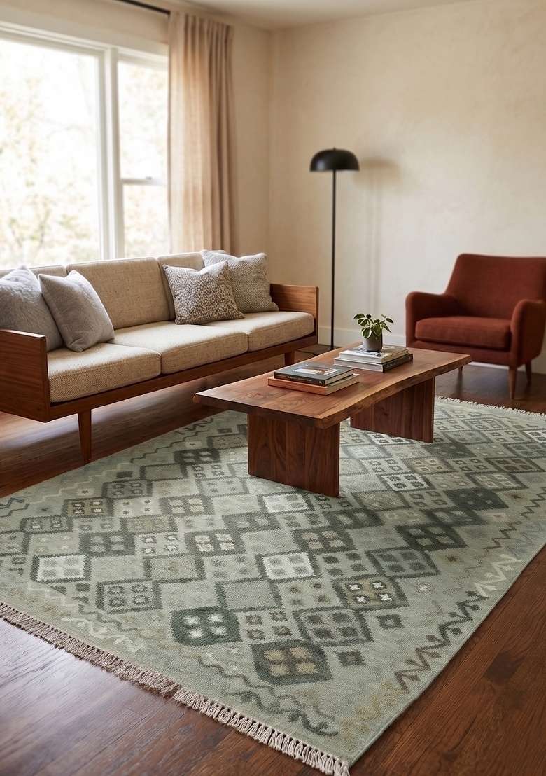 Saffron Rugs Handmade Wool Dhurrie Flat Weave Rectangular Rug – Sage Green Bohemian Geometric Kilim Style Carpet for Living Room - Indya