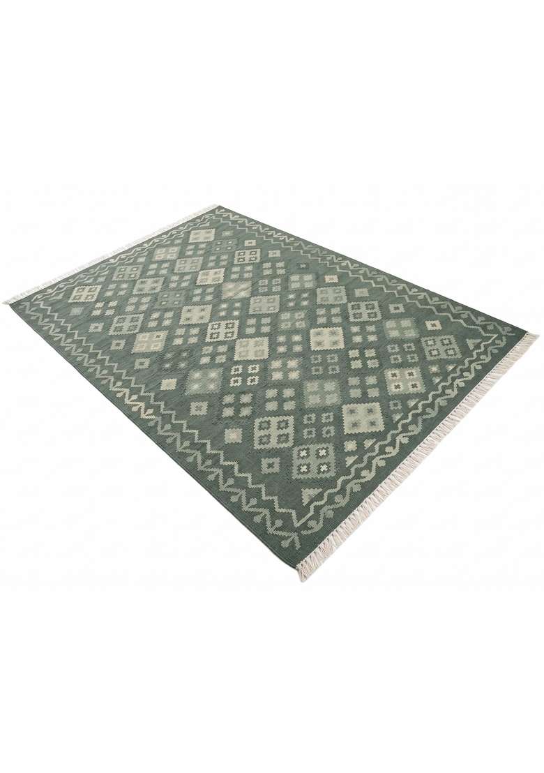 Saffron Rugs Handmade Wool Dhurrie Flat Weave Rectangular Rug – Sage Green Bohemian Geometric Kilim Style Carpet for Living Room - Indya