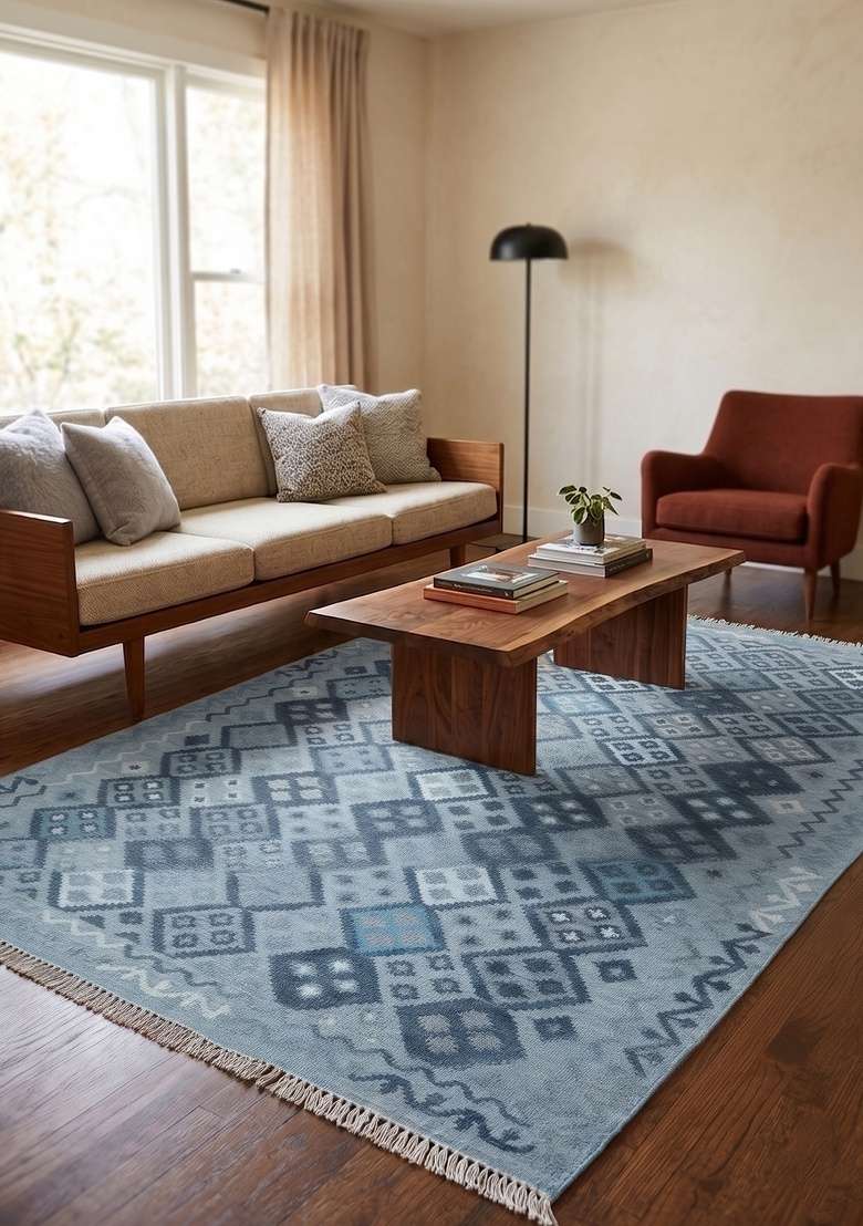 Saffron Rugs Handmade Wool Dhurrie Flat Weave Rectangular Rug – Light Blue Bohemian Geometric Kilim Style Carpet for Living Room - Indya