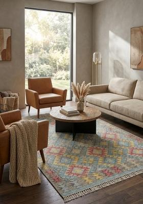 Saffron Rugs Flat Woven Light Blue Multicolor Geometric Bohemian Rectangular Wool Area Rug
