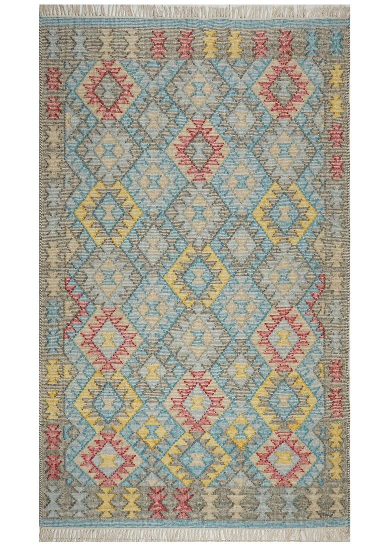 Saffron Rugs Flat Woven Light Blue Multicolor Geometric Bohemian Rectangular Wool Area Rug - Indya