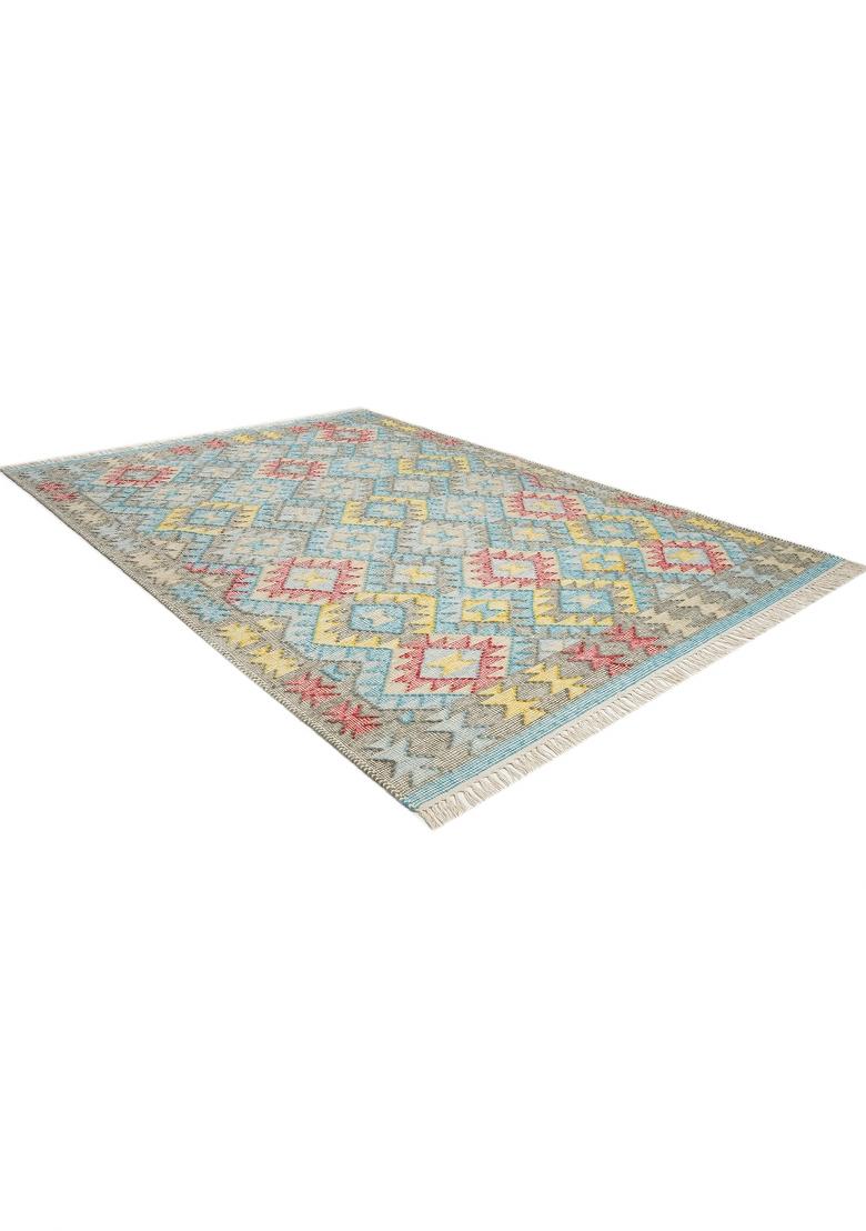 Saffron Rugs Flat Woven Light Blue Multicolor Geometric Bohemian Rectangular Wool Area Rug - Indya