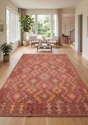 Saffron Rugs Flat Woven Dusty Rose Red Geometric Bohemian Rectangular Wool Area Rug