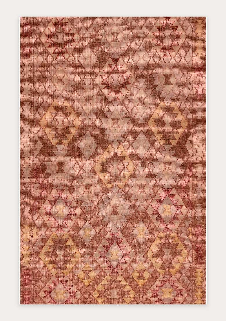 100% Wool Handmade Dusty Rose Red Rug | Bohemian Geometric Flat Weave Reversible Carpet For Living Room - Indya