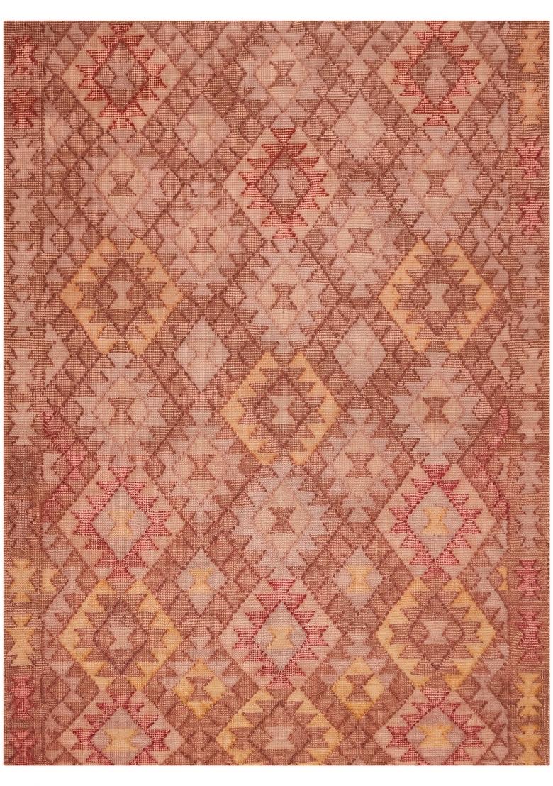 Saffron Rugs Flat Woven Dusty Rose Red Geometric Bohemian Rectangular Wool Area Rug - Indya