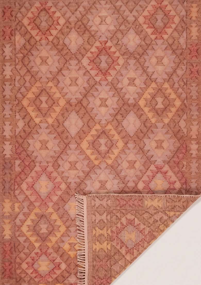 100% Wool Handmade Dusty Rose Red Rug | Bohemian Geometric Flat Weave Reversible Carpet For Living Room - Indya