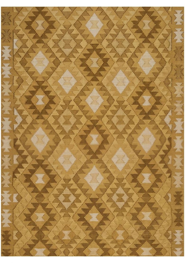 Saffron Rugs Flat Woven Golden Yellow Geometric Bohemian Rectangular Wool Area Rug - Indya
