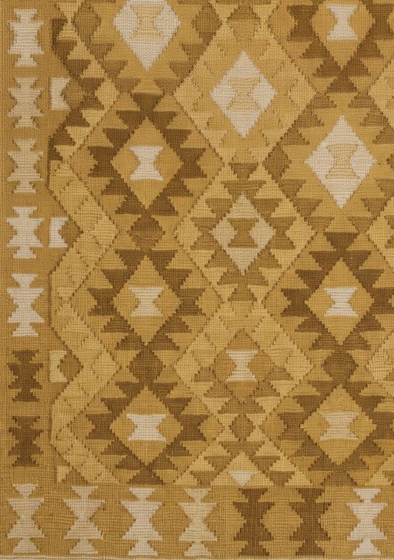 Saffron Rugs Flat Woven Golden Yellow Geometric Bohemian Rectangular Wool Area Rug - Indya