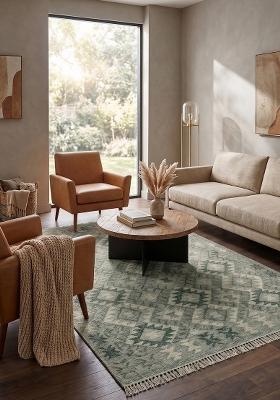 Saffron Rugs Flat Woven Sage Green Geometric Bohemian Rectangular Wool Area Rug