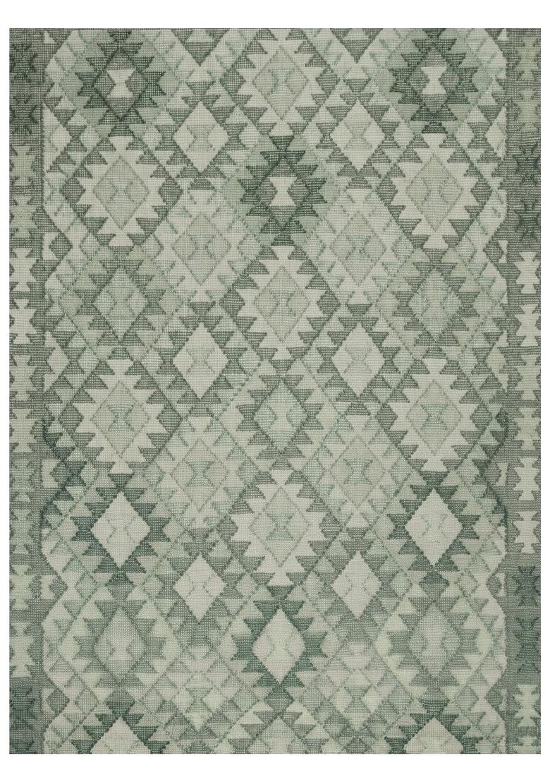Saffron Rugs Flat Woven Sage Green Geometric Bohemian Rectangular Wool Area Rug - Indya