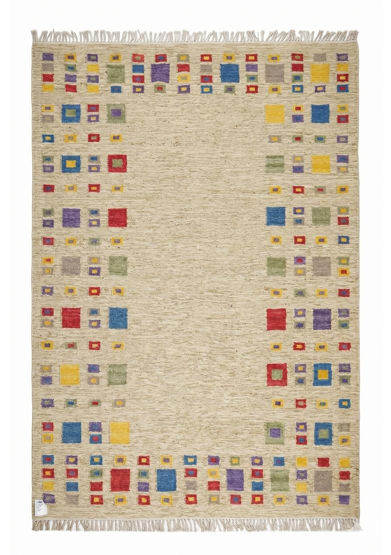Saffron Rugs Flat Woven Cream Multicolor Geometric Bohemian Rectangular Wool Area Rug - Indya