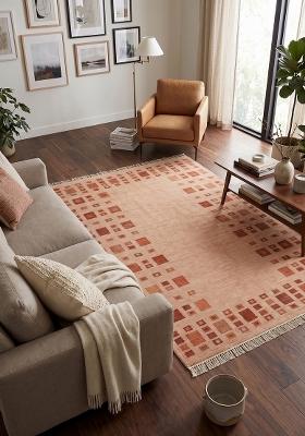 Saffron Rugs Flat Woven Terracotta Pink Geometric Bohemian Rectangular Wool Area Rug