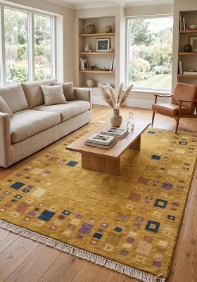Saffron Rugs Flat Woven Golden Yellow Geometric Bohemian Rectangular Wool Area Rug