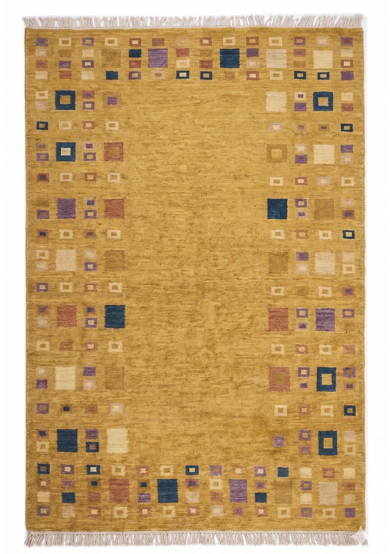 Saffron Rugs Flat Woven Golden Yellow Geometric Bohemian Rectangular Wool Area Rug - Indya