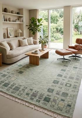 Saffron Rugs Flat Woven Sage Green Geometric Bohemian Rectangular Wool Area Rug