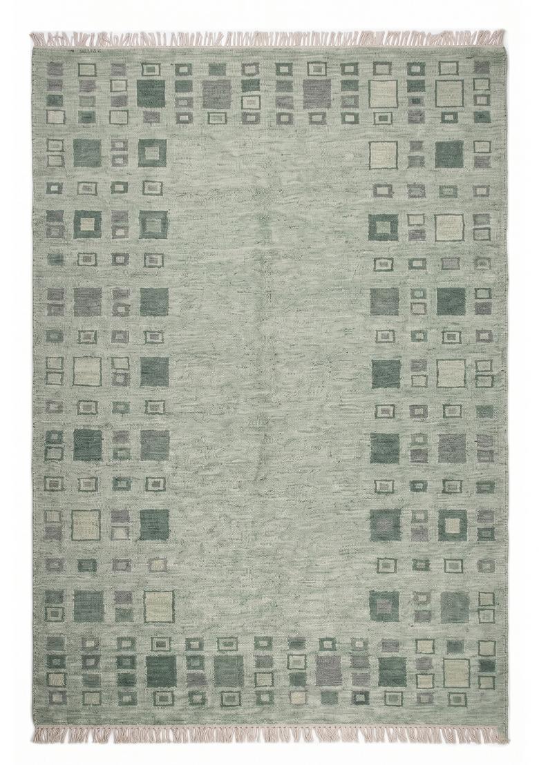 Saffron Rugs Flat Woven Sage Green Geometric Bohemian Rectangular Wool Area Rug - Indya