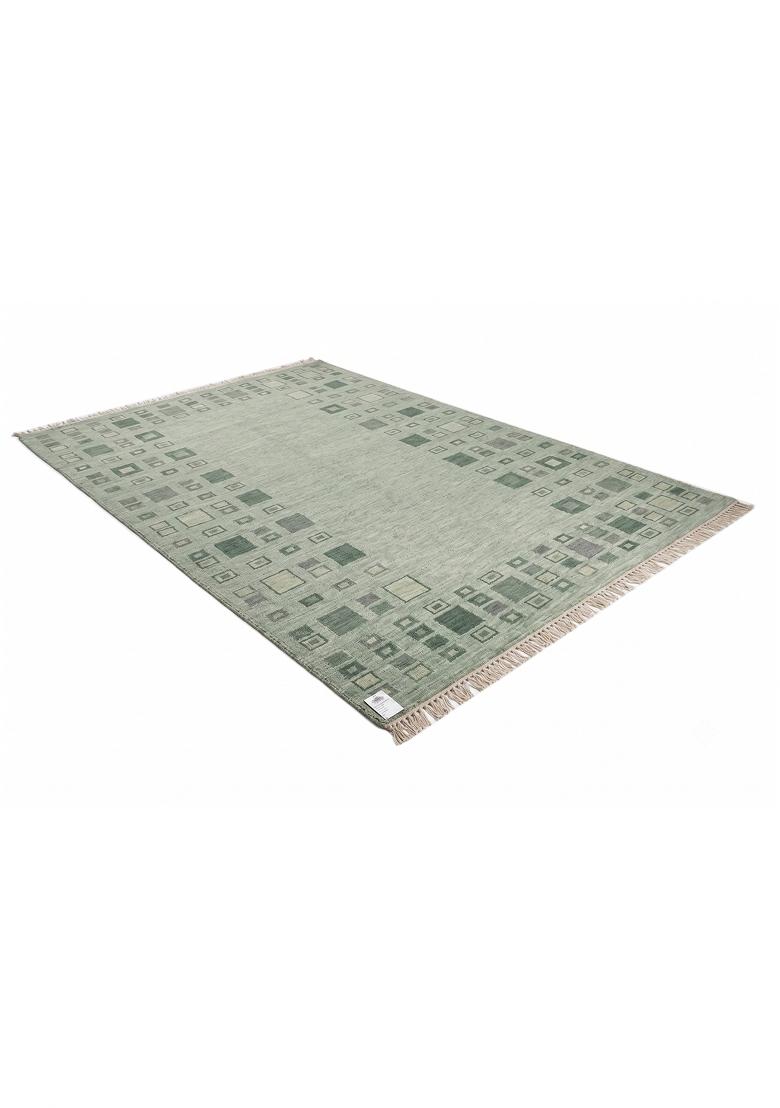 Saffron Rugs Flat Woven Sage Green Geometric Bohemian Rectangular Wool Area Rug - Indya