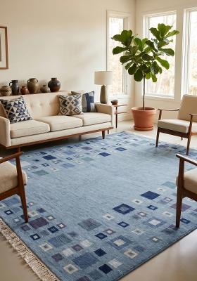 Saffron Rugs Flat Woven Light Steel Blue Geometric Bohemian Rectangular Wool Area Rug