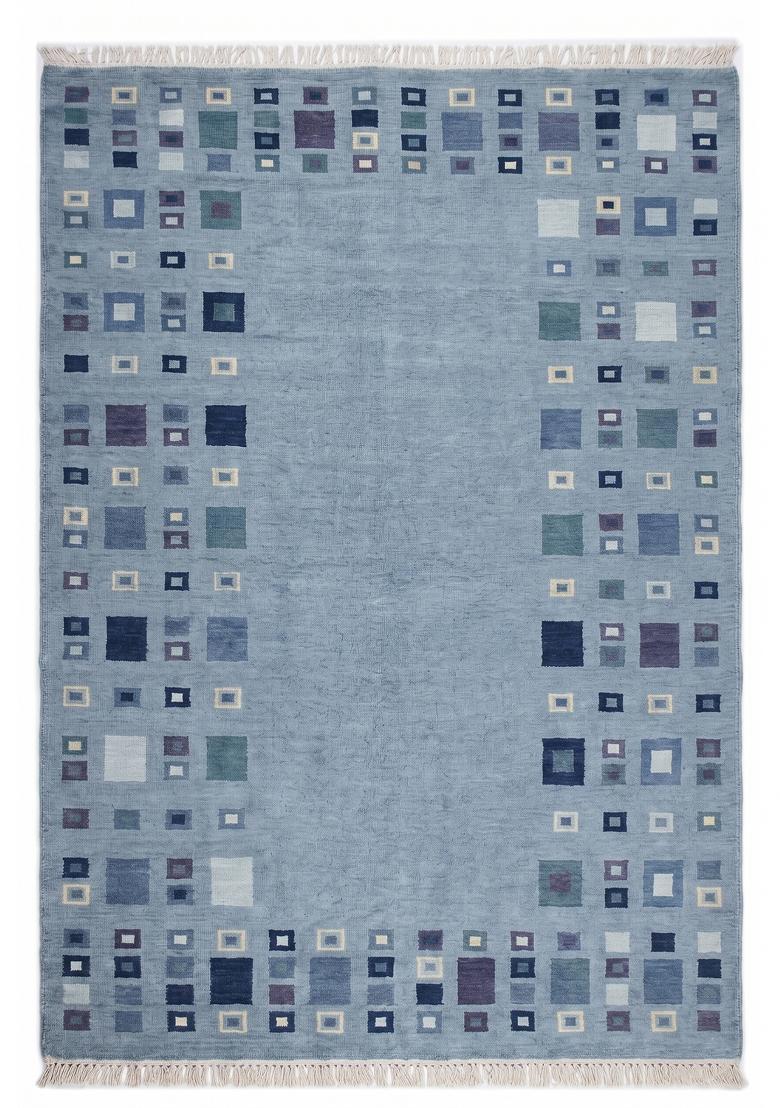 Saffron Rugs Flat Woven Light Steel Blue Geometric Bohemian Rectangular Wool Area Rug - Indya