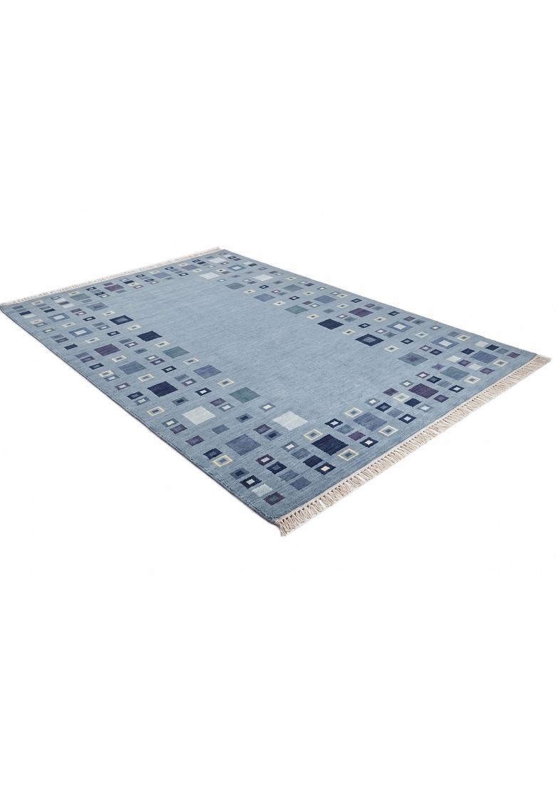 Saffron Rugs Flat Woven Light Steel Blue Geometric Bohemian Rectangular Wool Area Rug - Indya