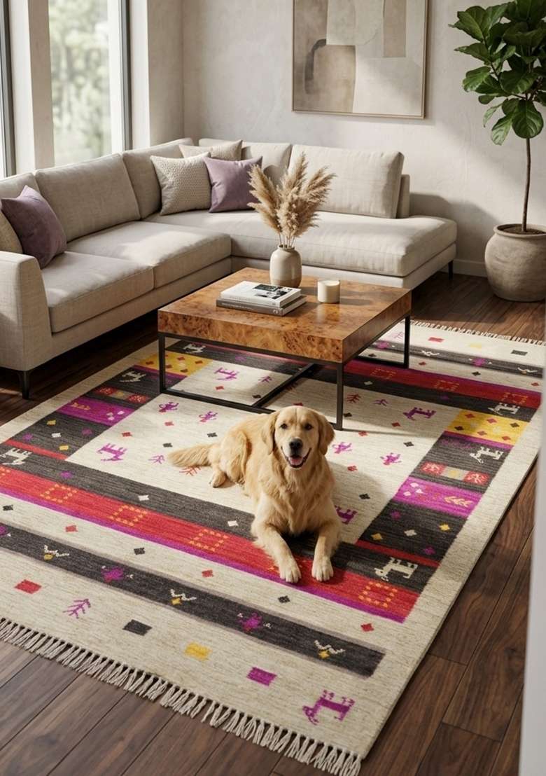 Saffron Rugs Handmade Wool Dhurrie Flat Weave Rectangular Rug – Cream Bohemian Geometric Kilim Style Carpet for Living Room - Indya