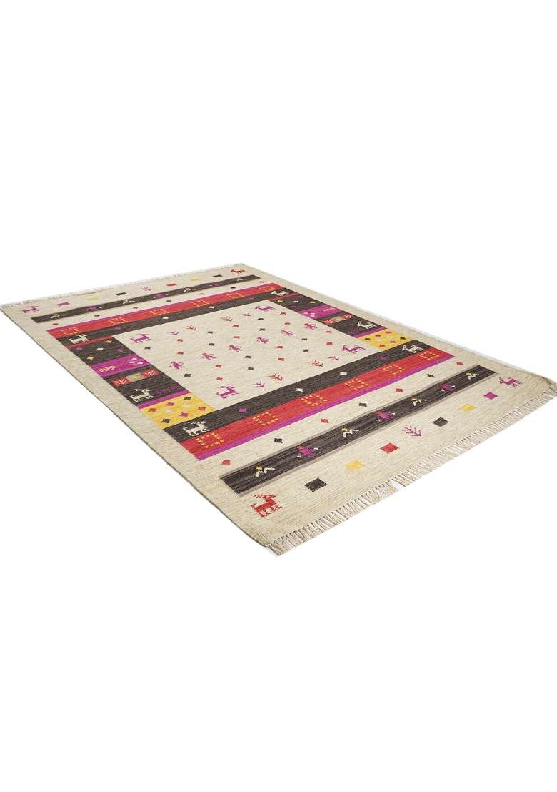 Saffron Rugs Handmade Wool Dhurrie Flat Weave Rectangular Rug – Cream Bohemian Geometric Kilim Style Carpet for Living Room - Indya