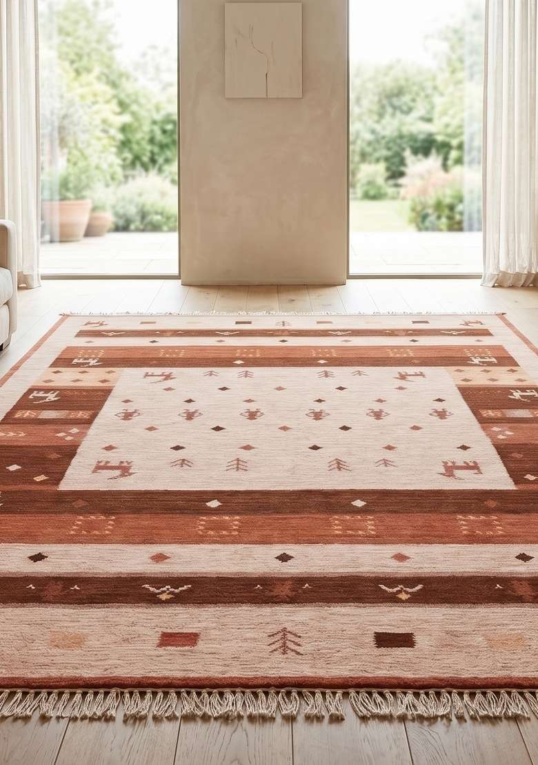 Saffron Rugs Handmade Wool Dhurrie Flat Weave Rectangular Rug – Terracotta Beige Bohemian Geometric Kilim Style Carpet for Living Room - Indya