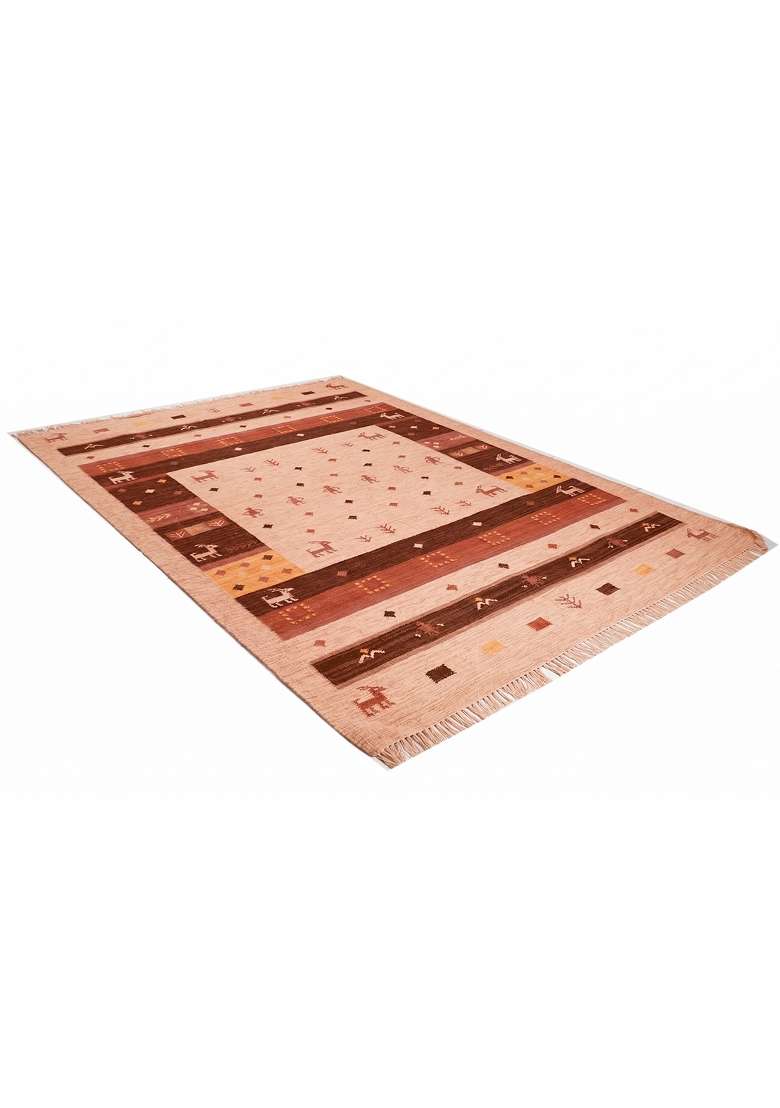 Saffron Rugs Handmade Wool Dhurrie Flat Weave Rectangular Rug – Terracotta Beige Bohemian Geometric Kilim Style Carpet for Living Room - Indya