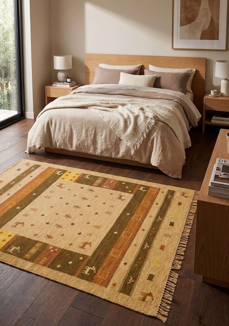 Saffron Rugs Handmade Wool Dhurrie Flat Weave Rectangular Rug – Golden Beige Bohemian Geometric Kilim Style Carpet for Living Room - Indya