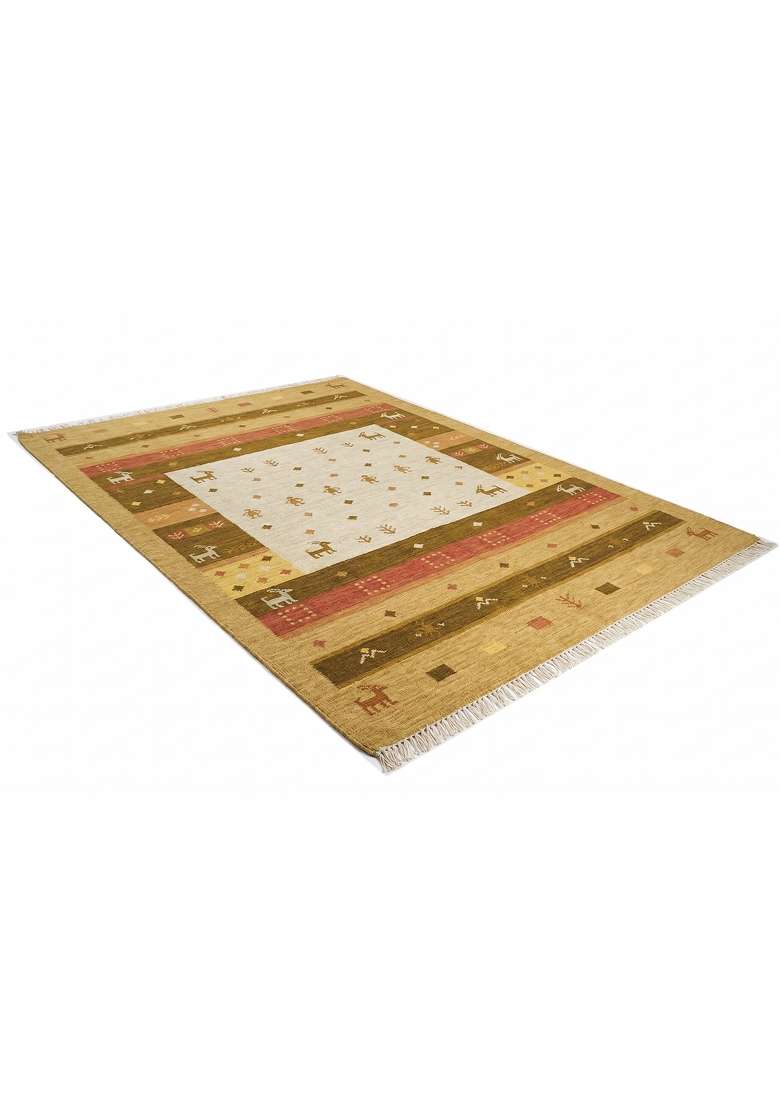 Saffron Rugs Handmade Wool Dhurrie Flat Weave Rectangular Rug – Golden Beige Bohemian Geometric Kilim Style Carpet for Living Room - Indya