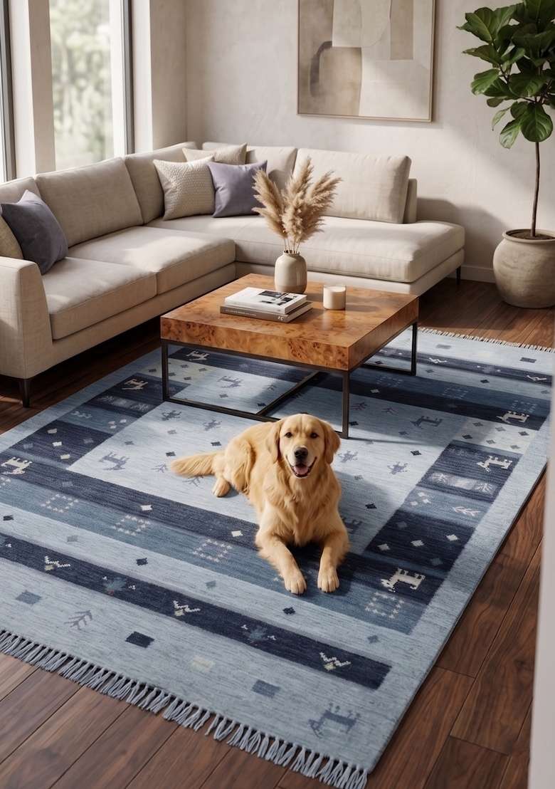 Saffron Rugs Handmade Wool Dhurrie Flat Weave Rectangular Rug – Light Blue Grey Bohemian Geometric Kilim Style Carpet for Living Room - Indya