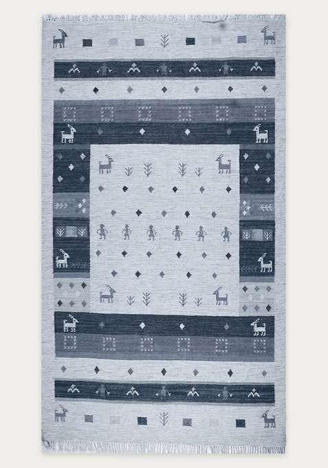 100% Wool Handmade Light Blue Grey Rug | Bohemian Geometric Flat Weave Reversible Carpet For Living Room