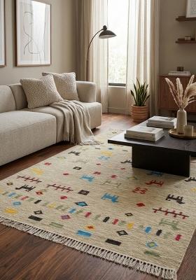 Saffron Rugs Flat Woven Cream Beige Geometric Bohemian Rectangular Wool Area Rug