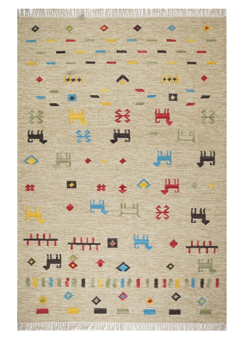 Saffron Rugs Flat Woven Cream Beige Geometric Bohemian Rectangular Wool Area Rug - Indya