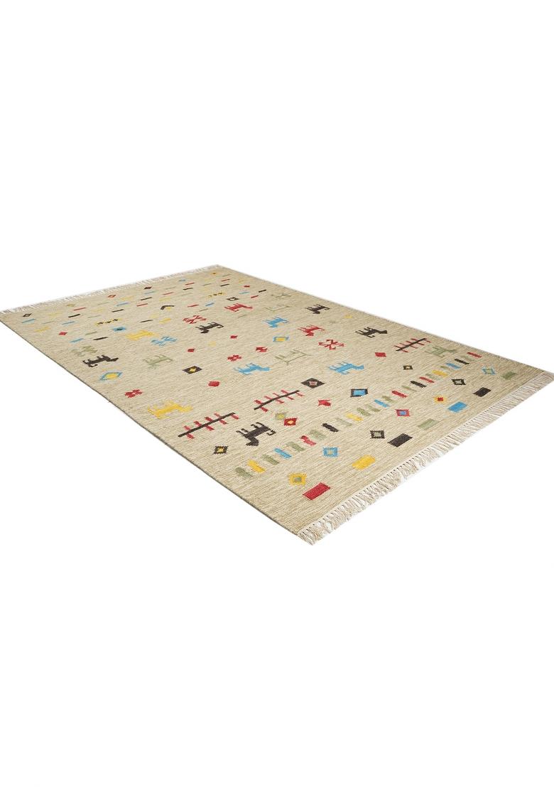 Saffron Rugs Flat Woven Cream Beige Geometric Bohemian Rectangular Wool Area Rug - Indya