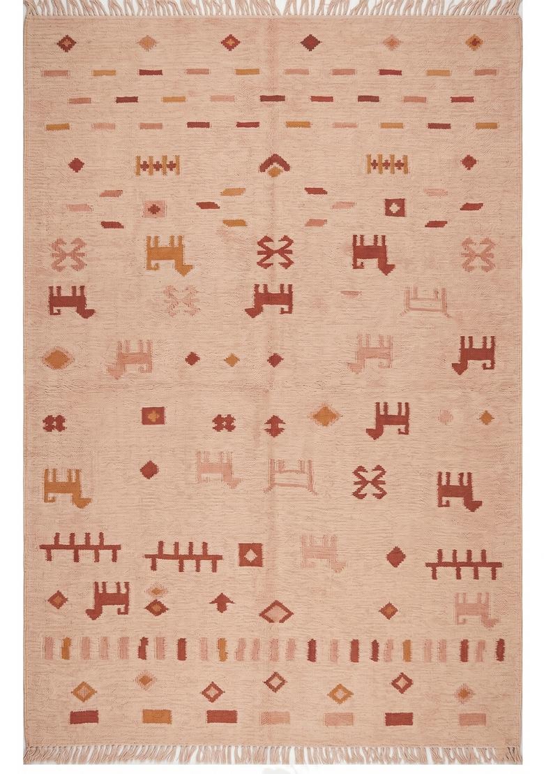 Saffron Rugs Flat Woven Blush Pink Geometric Bohemian Rectangular Wool Area Rug - Indya