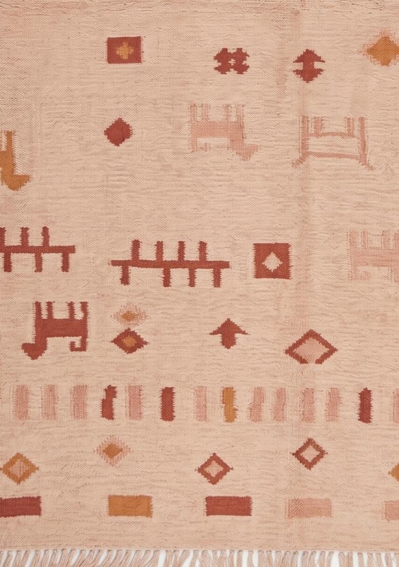 Saffron Rugs Flat Woven Blush Pink Geometric Bohemian Rectangular Wool Area Rug - Indya