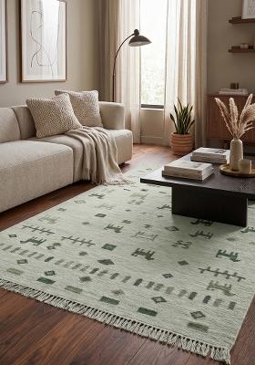Saffron Rugs Flat Woven Sage Green Geometric Bohemian Rectangular Wool Area Rug
