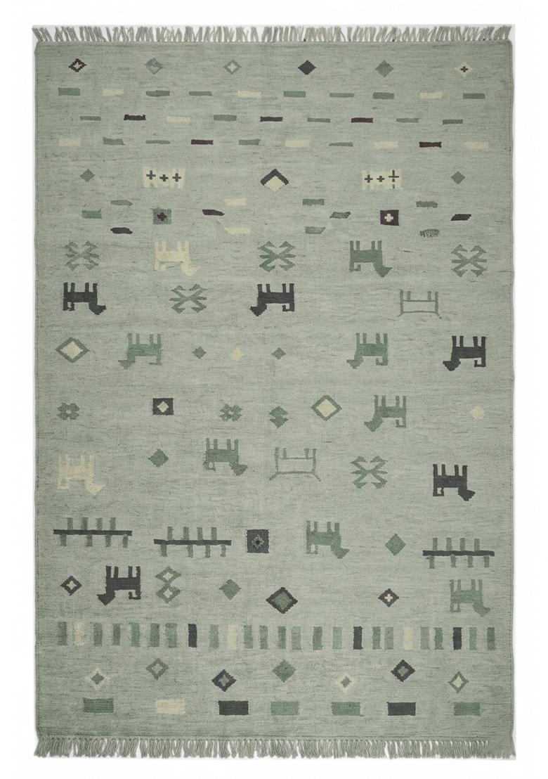 Saffron Rugs Flat Woven Sage Green Geometric Bohemian Rectangular Wool Area Rug - Indya