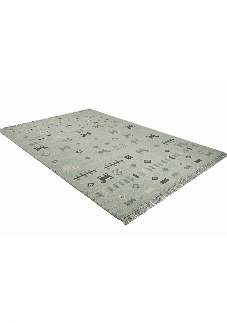 Saffron Rugs Flat Woven Sage Green Geometric Bohemian Rectangular Wool Area Rug - Indya