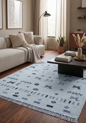 Saffron Rugs Flat Woven Light Blue Geometric Bohemian Rectangular Wool Area Rug