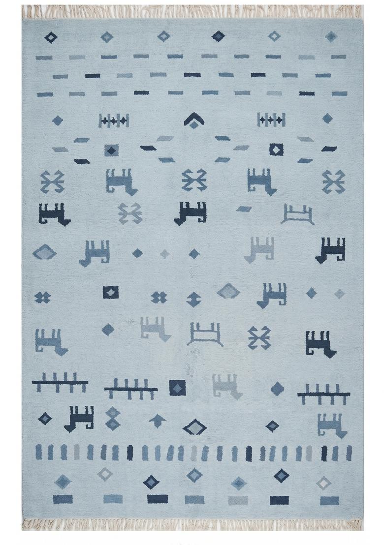 Saffron Rugs Flat Woven Light Blue Geometric Bohemian Rectangular Wool Area Rug - Indya